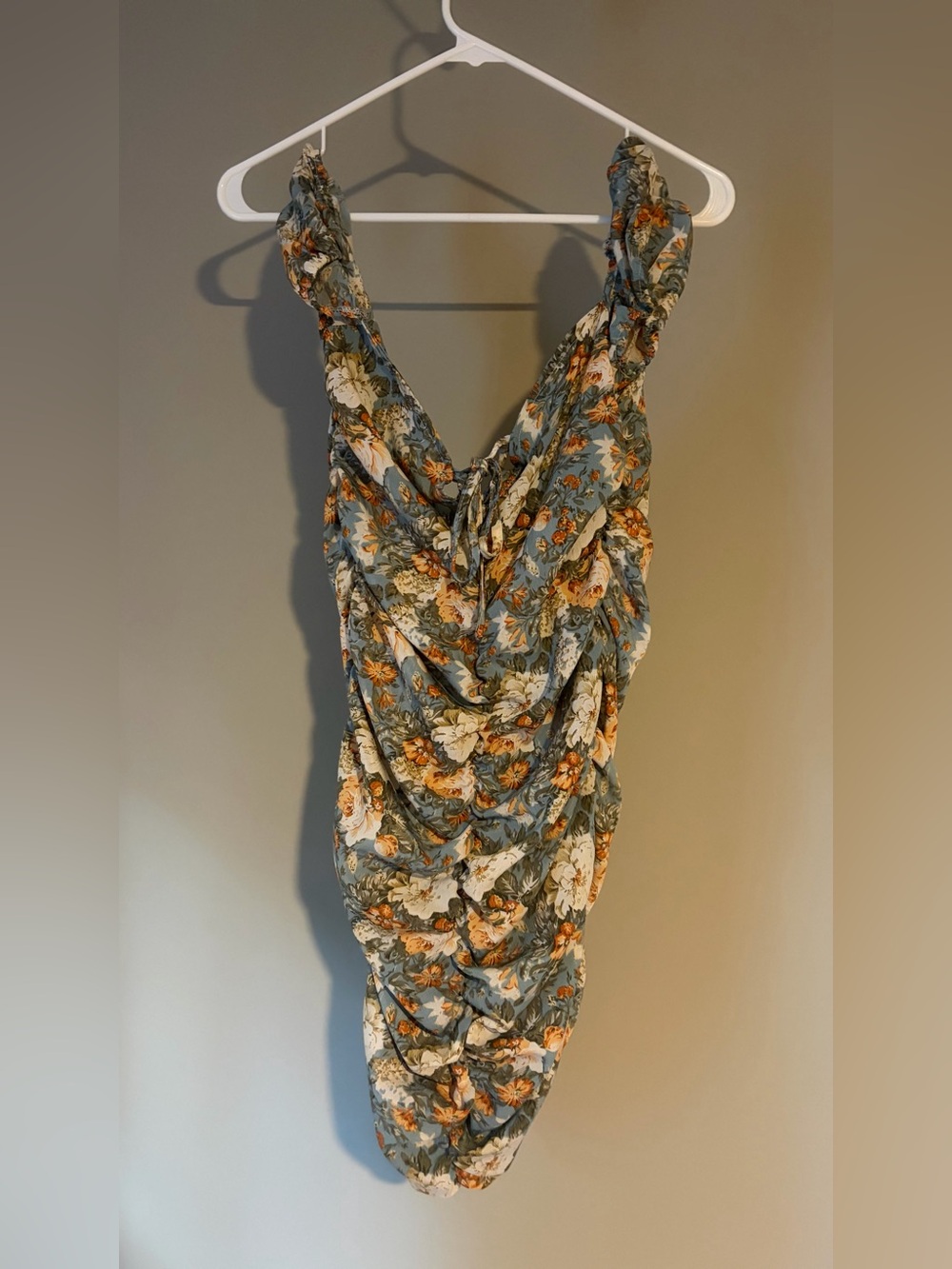 Floral Ruched Midi Dress in Slate Blue & Ivory